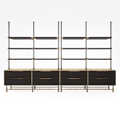 Multiple Bay Bar Shelving over Metal Counter Top Hutch